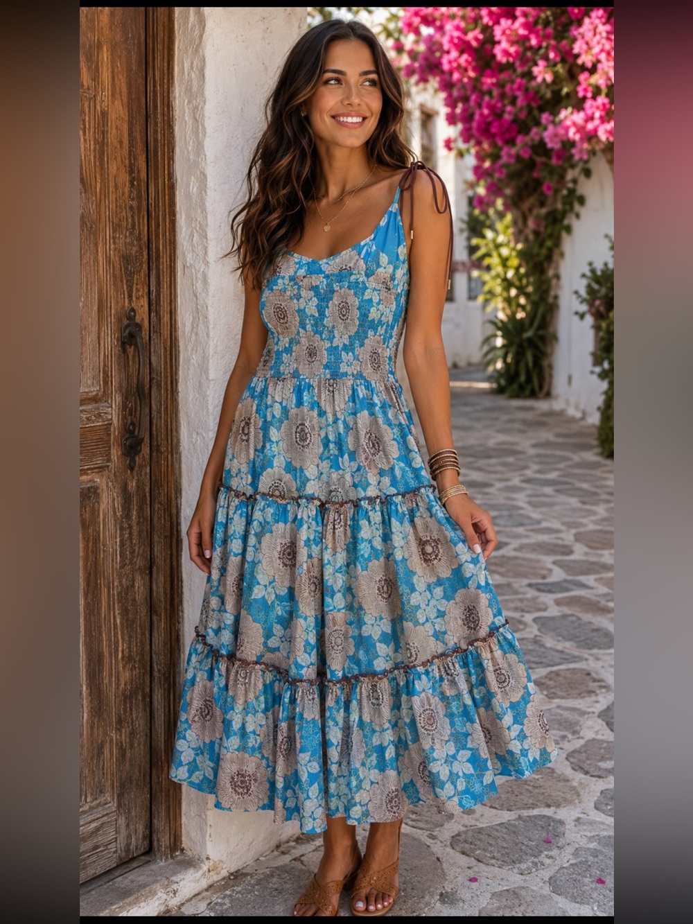 Free People Midi Blue Floral Tiered Sundress in Turquoise and Mutes Yellow XS